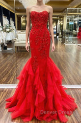 Strapless Red Mermaid Lace Prom Dresses, Red Mermaid Lace Formal Evening Dresses